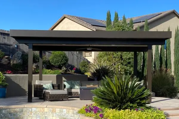 Aluminum patio cover installation in Roseville, CA backyard