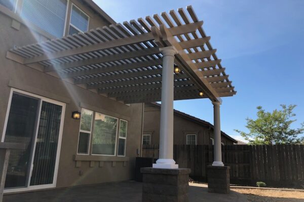 Lattice Patio Cover with Round Stucco Columns installed in Wilton, CA