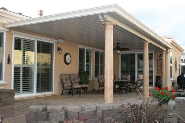 Solid Patio cover with round stucco columns installed in Loomis, CA
