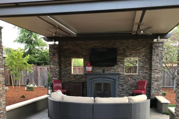 Solid Patio cover with flat aluminum posts installed in Plumas Lakes, CA