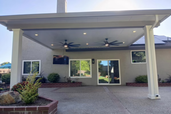 Solid Insulated Patio Cover with Weather Wood Aluminum posts installed in Placerville, CA