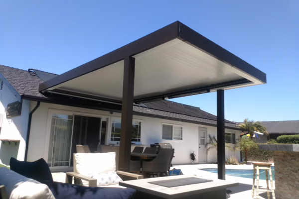 Apollo Louvered Roof Patio Cover with Black Extruded Posts installed in Granite Bay, CA
