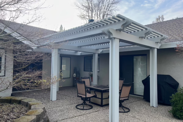 Lattice Patio cover with Weather Wood Posts Installed in Lemon Hill, CA