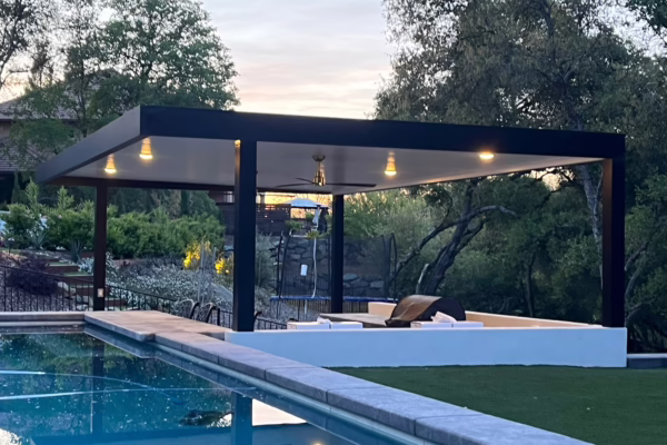 Extruded Posts Insulated Patio cover installed by a Pool in Rancho Murieta, CA