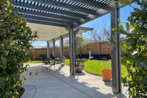 Combination Patio Cover with Weather Wood Posts installed in Colfax, CA