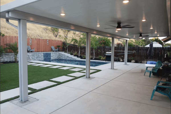 Solid Insulated Patio Cover with Weather Wood Aluminum posts installed in Placerville, CA