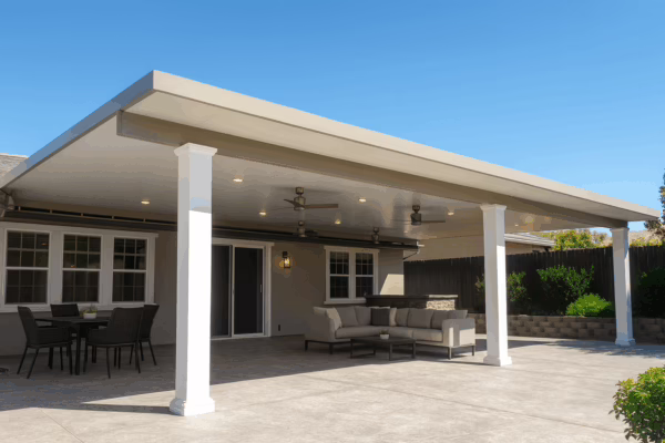 Solid Insulated Patio cover with Stucco Columns installed in Loomis, CA