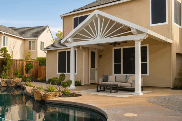 Solid Patio cover with Round Stucco Beams in Rocklin, CA