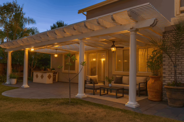 Daytime view of backyard patio with mixed lattice and solid roofing system installed in Fair Oaks, CA