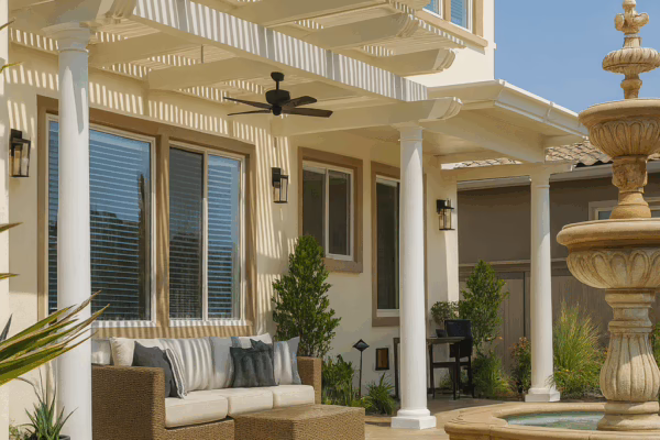 Side angle of combination patio roof system highlighting clean lines and durable material installed in Rancho Cordova, CA