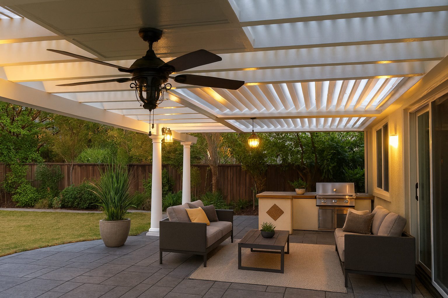 Modern patio with combination lattice and solid roof cover in a backyard setting installed in Alta Sierra, CA