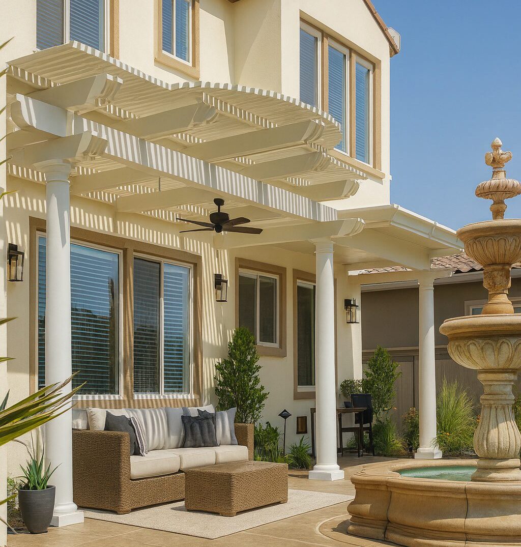 Side angle of combination patio roof system highlighting clean lines and durable material installed in Rancho Cordova, CA