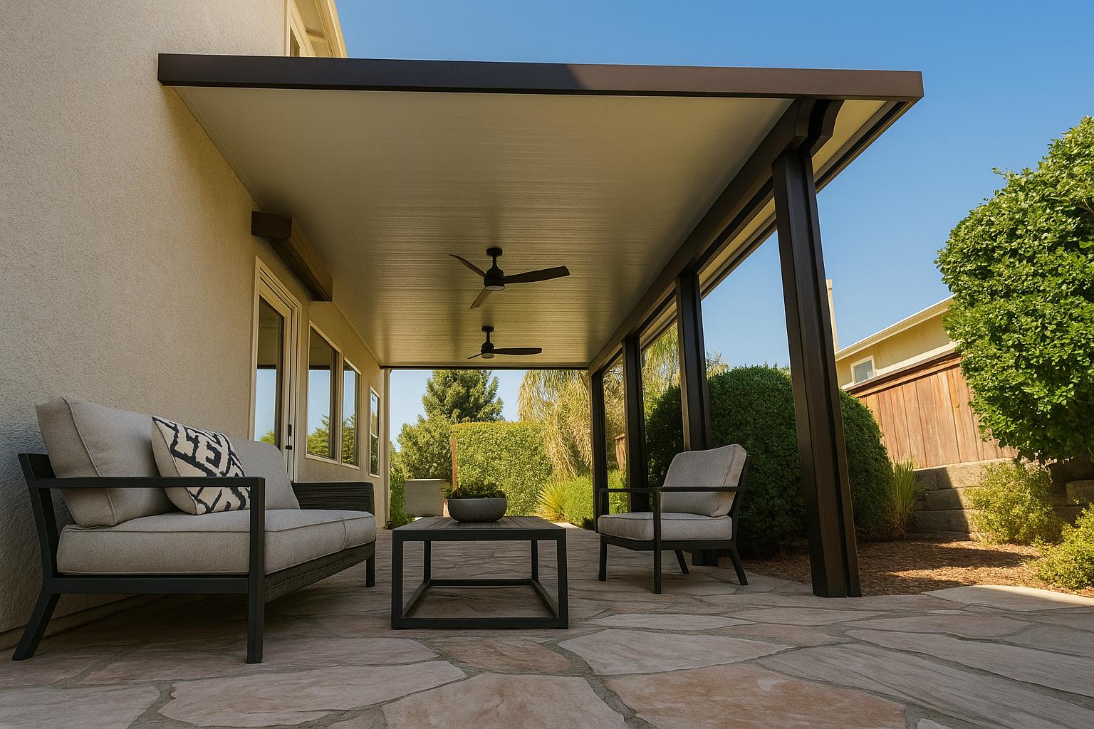 solid insulated patio cover with aluminum posts installed in Rio Linda, CA backyard